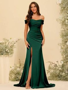 Dresses With Split, Long Formal Dresses, Satin Formal Dress, Green Evening Dress, Classy Prom Dresses, Stunning Prom Dresses, فستان سهرة, Wholesale Dress, Classy Dress