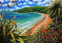 a painting of a tropical beach with palm trees and flowers