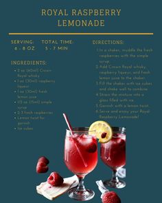 raspberry lemonade cocktail recipe on a blue background with ingredients to make it