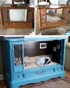 an old dresser turned into a tv stand with a dog sleeping on top and the bottom is painted blue