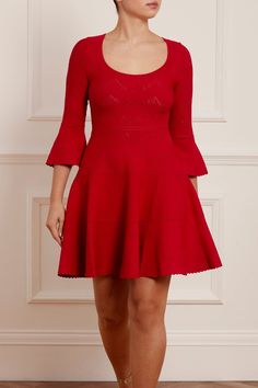 Pretty Pointelle Knit Scoop Neck Mini Dress – Red | Needle & Thread Mini Dress Red, Ballerina Dress, Short Gowns, Viscose Dress, Pointelle Knit, Needle Thread, Red Mini Dress, Midi Length Dress, Textured Knit