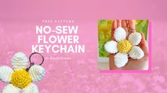 a crocheted flower keychain is shown in front of a pink background