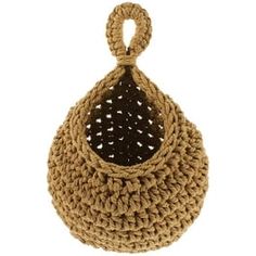 a crocheted basket hanging from a rope