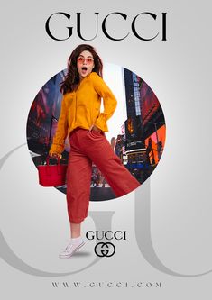 a woman in yellow shirt and red pants posing for gucci advertisment