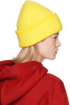 Rib knit alpaca-blend beanie in yellow. Logo patch at rolled brim. Supplier color: Yellow Yellow Beanie Cap For Winter, Yellow Fall Cap Hat, Jacquemus Yellow, Yellow Logo, Knit Alpaca, Patch Logo, Alpaca, Rib Knit, Grain