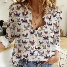 Chicken'S & Chic'S Casual Shirt, Farm Casual Shirt, Farm Gift, Farmer Gift, Gift For Her, Ladies Shirt Casual Fitted Blouse With Casual Collar, Casual Long Sleeve Printed Blouse, Casual Non-stretch Long Sleeve Shirt, Trendy Long Sleeve Patterned Shirt, Non-stretch Printed White Blouse, Long Sleeve Fashion Print Tops For Spring, Spring Long Sleeve Tops With Fashion Print, Spring Fashion Print Long Sleeve Tops, White Printed Non-stretch Blouse