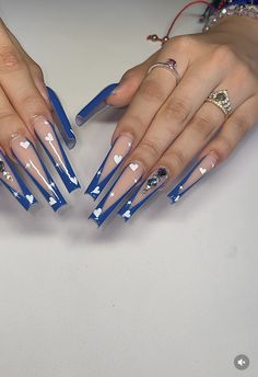 Royal Blue Long Nails, Royal Blue And Black Nails, Royal Blue And White Nails, Long Blue Nails, Blue Long Nails, Quinceanera Nails, Blue Coffin Nails, Royal Blue Nails