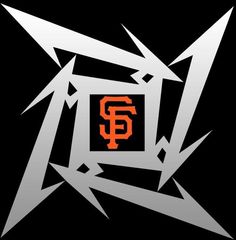 the san francisco giants logo on a black and white background with an orange letter in the center