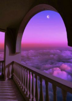 a balcony overlooking the clouds at sunset with a half moon in the sky above it