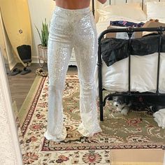 New With Tags, Never Worn Except For In Photo Nadine Merabi White Sequin Bridal Flare Trouser Pants Size S I Am 5’4, 125lb Nadine Merabi, Flare Trousers, Pants Color, Trouser Pants, Flare Pants, Pant Jumpsuit, Sequin, Wide Leg, Color White