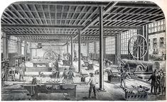 an old factory with men working on machines