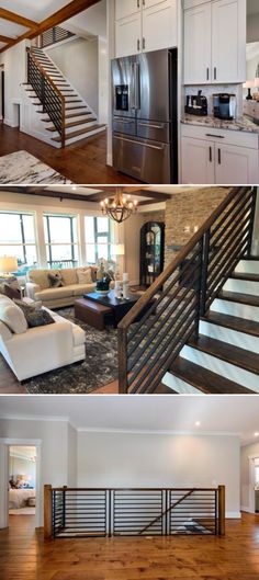 three different pictures of a living room, kitchen and dining area with stairs leading up to the second floor