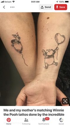 two people with tattoos on their arms holding hands and one has a balloon attached to the arm