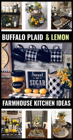 a collage of photos showing different types of kitchen decor and items that include lemons