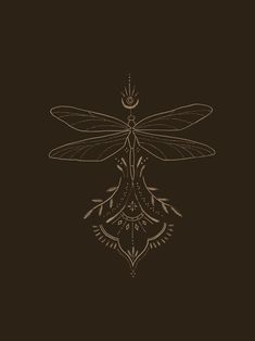 a drawing of a dragonfly sitting on top of a black surface with an intricate design