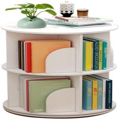 a white shelf with books and a plant on top