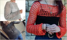 two pictures of different types of crocheted sweaters, one in orange and the other in black