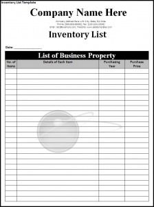 a list of business property items in the form of a company name here inventory list