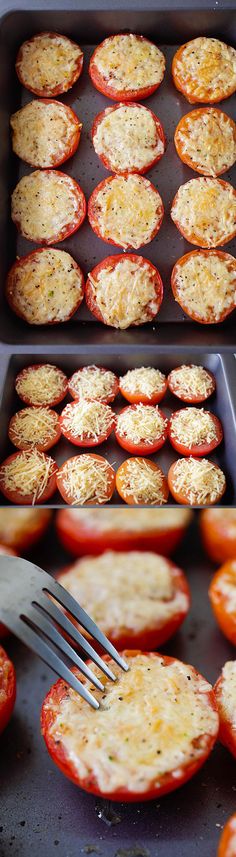 tomatoes being cooked in a pan with cheese on top and an image of the inside