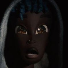 a creepy doll with blue hair and yellow eyes in a dark room, staring at the camera