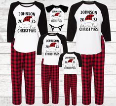 family matching christmas pajamas and pajama sets with the names of their children's birth