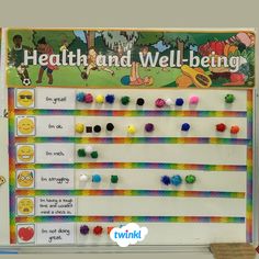 a bulletin board with colorful beads on it and an advertisement for health and well - being