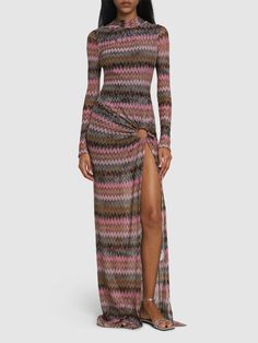 Turtleneck. Back hook closure. Front ring detail . Side slit. Cutout back. All over pattern placement may vary. Unlined. Model is wearing a size36 Missoni Dress, Versace Brand, All Over Pattern, Flat Espadrilles, Swim Accessories, Shearling Jacket, Ski Wear, Missoni, Swimwear Tops