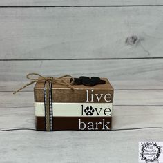 a dog themed gift box with the words live love bark written on it