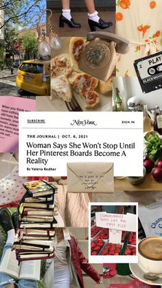 a collage of photos including books, food and people in the background with words that read women says she won't stop until really