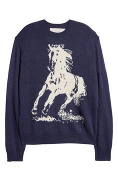 Set your spirit free in this untamed sweater knit from a warm wool-kissed blend. 26" length (size Medium) Crewneck Long sleeves Ribbed cuffs and hem 70% acrylic, 30% wool Dry clean Imported Ma 1 Jacket, Horse Sweater, Running Horse, Running Horses, Nylon Pants, Oversized Crewneck, Shetland Wool, Jacquard Knit, Tapered Pants