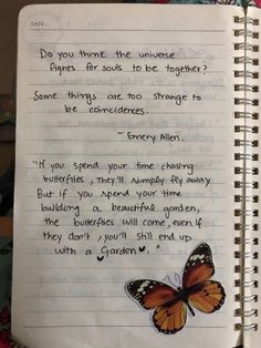 an open notebook with a poem written in it and a butterfly drawn on the page