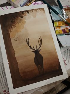 a painting of a deer standing in front of a tree