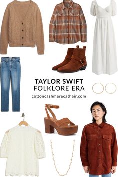 four different types of clothes and shoes for women with text that reads, taylor swift folklore era