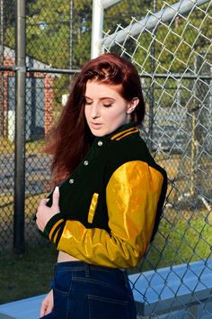 Women Crop top Classic Style Dark Green Wool Gold Genuine Leather Sleeves Varsity Letterman Baseball Jacket Introducing the Custom Letterman Women's Classic Varsity Jacket - a perfect blend of style and comfort with its black wool and green genuine leather sleeves. Perfect for any occasion, this jacket exudes timeless charm and sophistication. Expertly crafted with quality materials, it's a must-have for any fashion-forward individual. If your required Size & Color Combination is not listed then Fitted Fall Outerwear For Casual Wear, Fitted Fall Outerwear For College, Fitted Varsity Jacket For College In Fall, Baseball Jacket Women, School Jacket, Women Crop Top, Retro Sports, Style Dark, Leather Sleeves