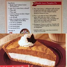 a piece of pie with whipped cream on top sits on a red plate next to a recipe card