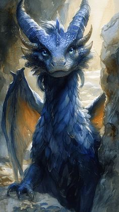 a painting of a blue dragon sitting on the ground