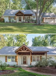 before and after photos of a ranch style home with wood trimming, white siding, and gray shingles