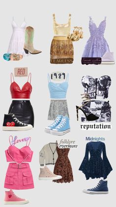 several different types of clothes and shoes with the words repuptation written on them