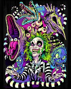 an image of clowns and monsters on a black background