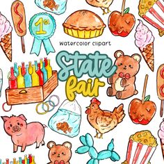 watercolor clipart state fair with cute animals, food and drinks on white background