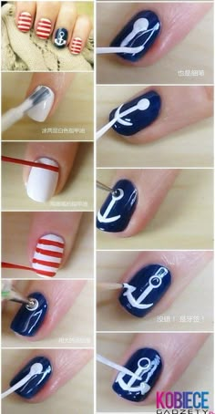 Anchor Nail Designs, Nautical Nail Designs, Sailor Nails, Marine Nails, Nautical Nail Art, Cruise Nails, Nautical Nails, Navy Nails, Nail Art Stripes