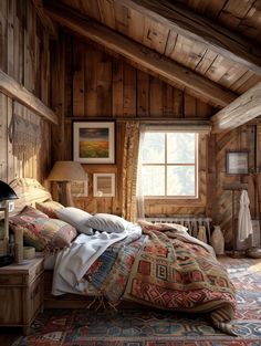 a bedroom with wooden walls and flooring has a large bed covered in colorful blankets