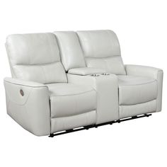 Greenfield Upholstered Power Reclining Loveseat w/Console Ivory by Coaster  Contemporary elegance plays out in a clean, modern design as the power loveseat delivers beauty and comfort to a space reserved for easy entertaining and relaxing. Ivory leatherette upholstery covers wood framing to provide a sturdy build, embellished with plump foam filled in tall, attached back cushions and supportive seat cushions. Subtle tufting cradles body positioning, aided in luxurious comfort by power reclining Sofa And Loveseat Set, Power Reclining Loveseat, Reclining Loveseat, Cozy Lounge, Easy Entertaining, Power Reclining Sofa, Coaster Furniture, Power Recliners, Living Room Seating