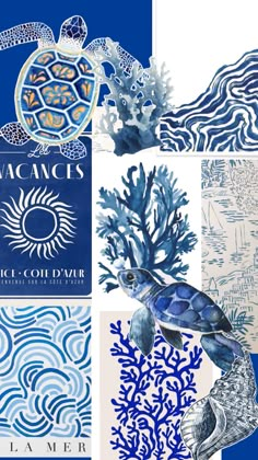 blue and white collage with sea life