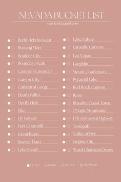 the nevada bucket list is shown on a pink background with white lettering and an image of a