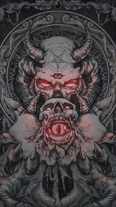 two demonic skulls with red eyes and horns on their faces are shown in the dark