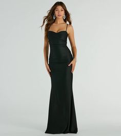 Chic and oh-so-elegant, the Maisie mermaid formal dress was destined to leave everyone in awe at black-tie parties and celebrations! With delicate spaghetti straps and a cross-sweetheart neckline, this dress effortlessly hugs your curves with side-ruched seams. The mermaid silhouette and floor-length hem create a stunning and distinctive look, while the smooth knit fabric ensures comfort and style all night long. Complete the look with a glam clutch and jewelry for a divine evening out! Fit & FeaturesSmooth knit stretchy fabricSpagehtti straps, cross sweetheart necklineMermaid silhouetteSticky bra or pasties recommendedRuns true to size