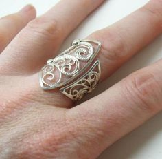 Exquisite Sterling Silver Artisan Filigree Cocktail Ring size | Etsy Elegant Handmade Adjustable Filigree Ring, Unique Filigree Ring With Intricate Design For Wedding, Handmade Adjustable Elegant Filigree Ring, Handmade Adjustable Filigree Ring, Unique Adjustable Filigree Ring With Intricate Design, Bohemian Filigree Rings For Formal Occasions, Bohemian Filigree Ring For Anniversary, Unique Filigree Ring With Intricate Design, Unique Filigree Ring With Intricate Design For Anniversary