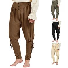 women's pants with buttons and drawstrings are shown in different colors