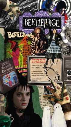 a collage of images with the words beetlejuice on them and two ghost dolls